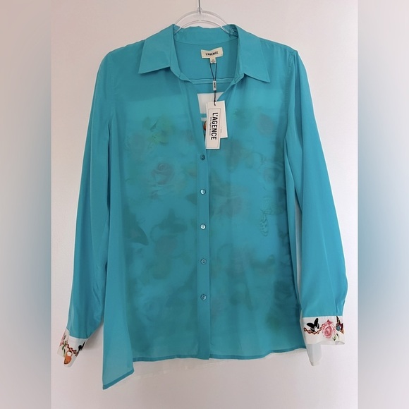 NEW L'AGENCE GIO SILK BLOUSE - AQUA MULTI BUTTERFLY SCARF / Medium - Picture 7 of 8